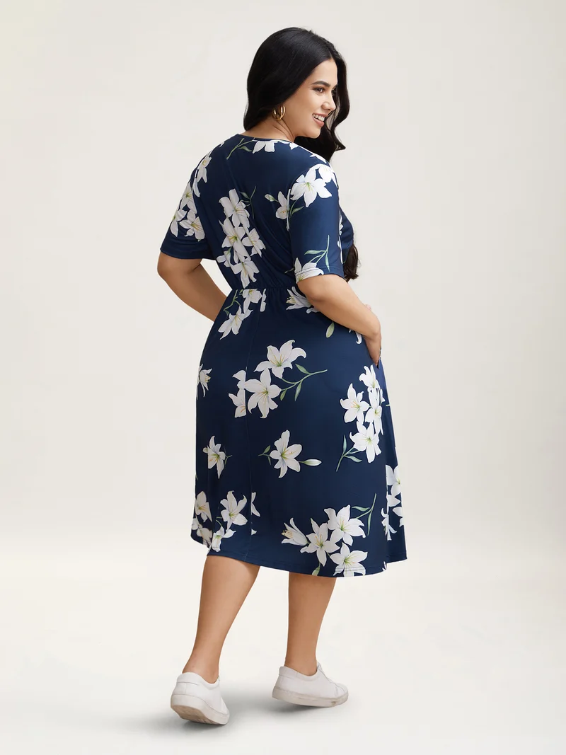 Floral Surplice Neck Pleated Midi Dress