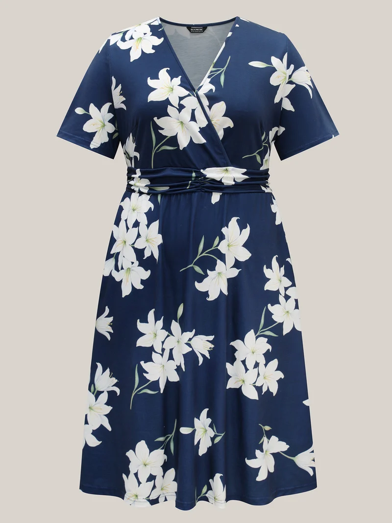 Floral Surplice Neck Pleated Midi Dress