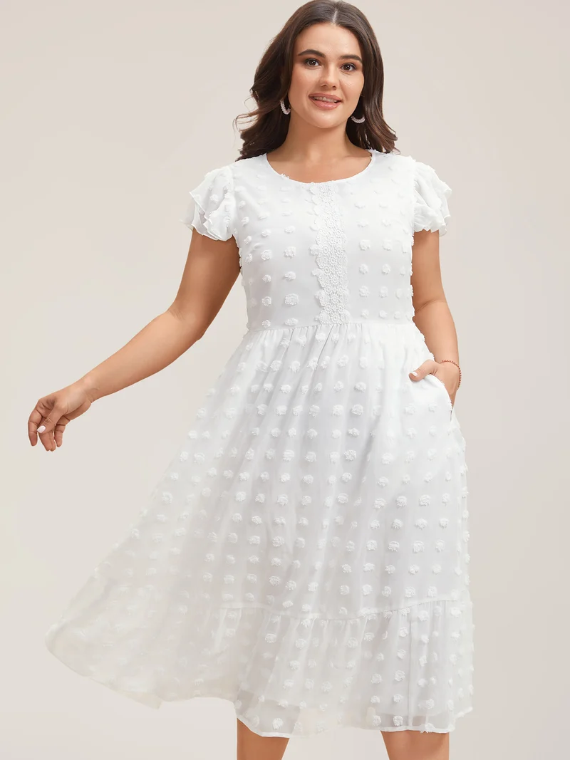 Textured Plain Tiered Ruffles Sleeve Dress