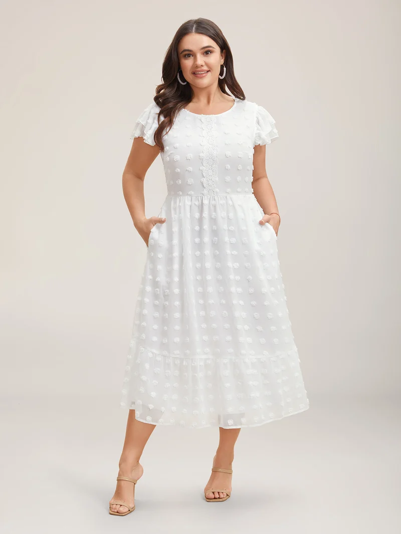 Textured Plain Tiered Ruffles Sleeve Dress