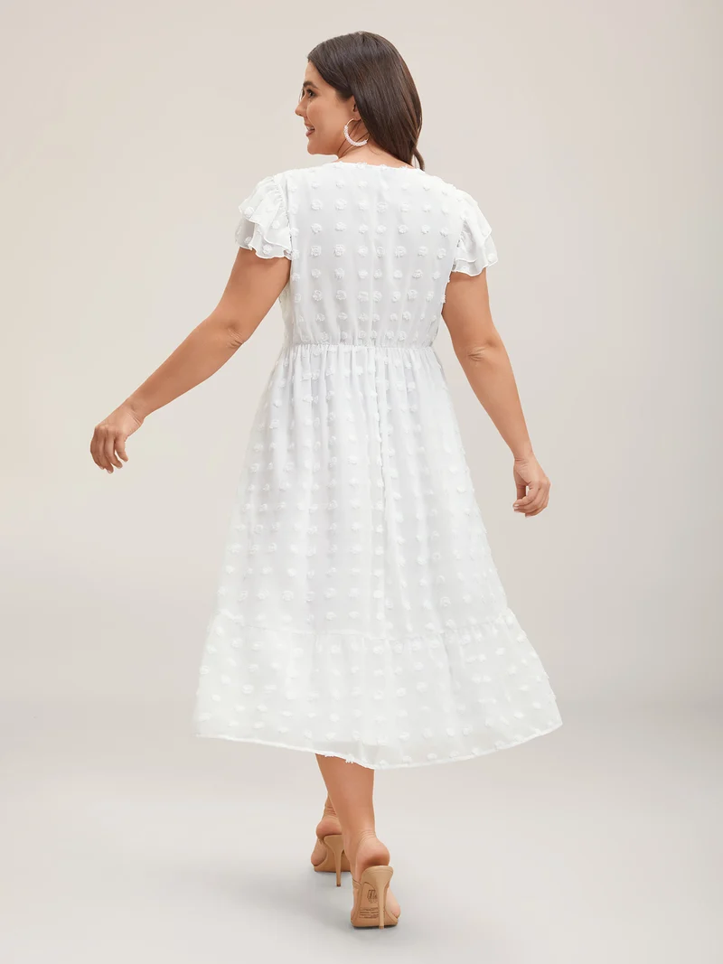 Textured Plain Tiered Ruffles Sleeve Dress