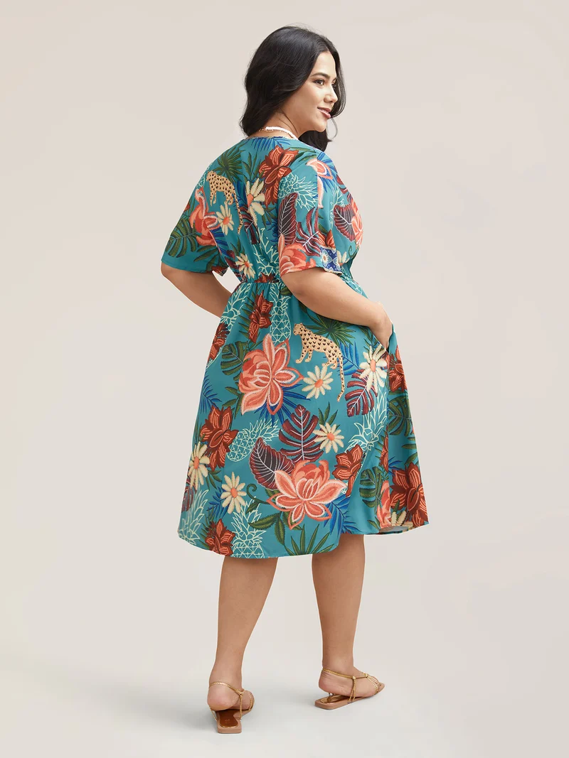 Floral Print Surplice Neck Pockets Midi Dress