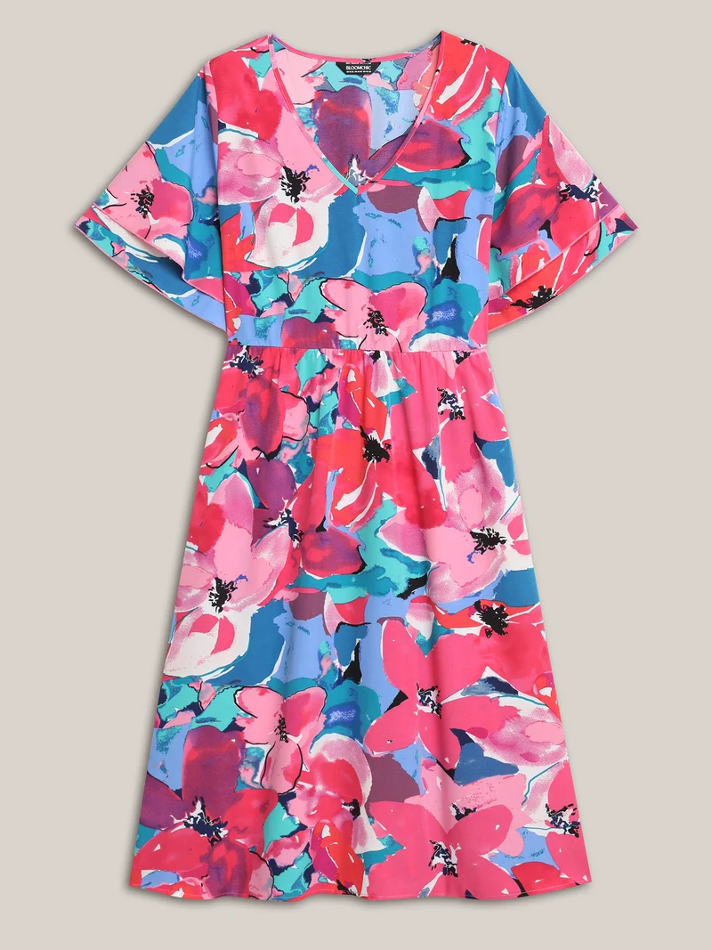 Multi-Color Floral V-Neck Pockets Midi Dress