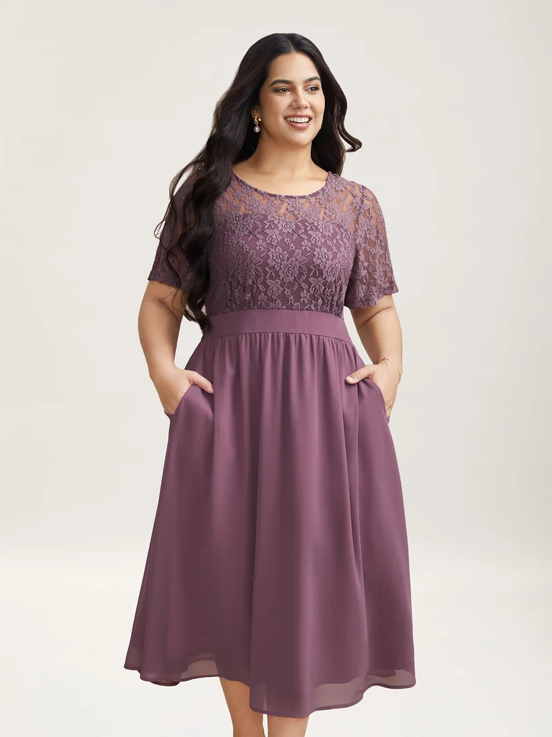 Chiffon Lace Waist-Defining Midi Dress
