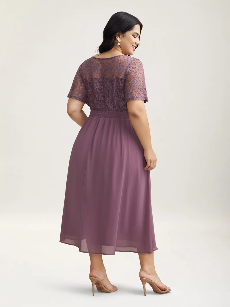 Chiffon Lace Waist-Defining Midi Dress