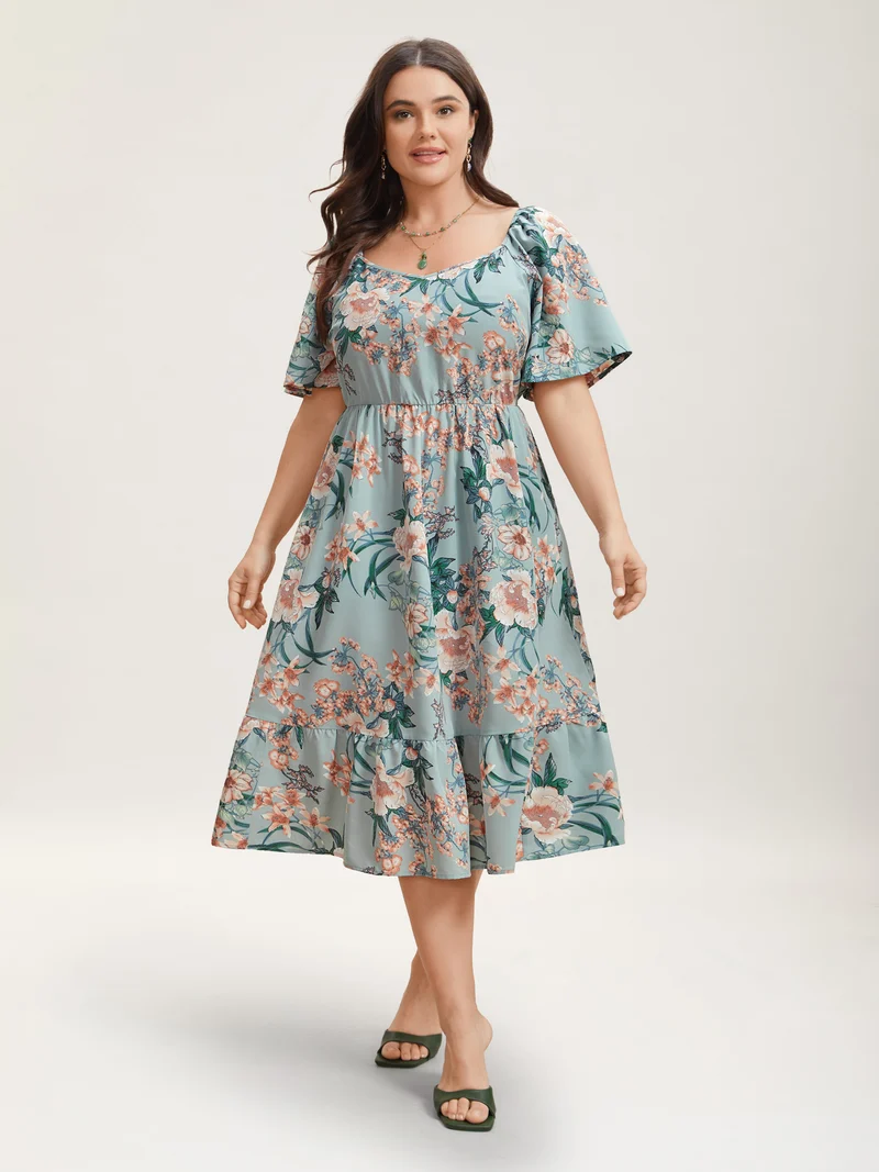 Floral Print Flared Sleeve Pockets Midi Dress