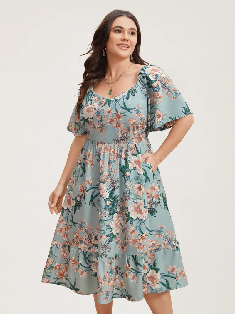Floral Print Flared Sleeve Pockets Midi Dress