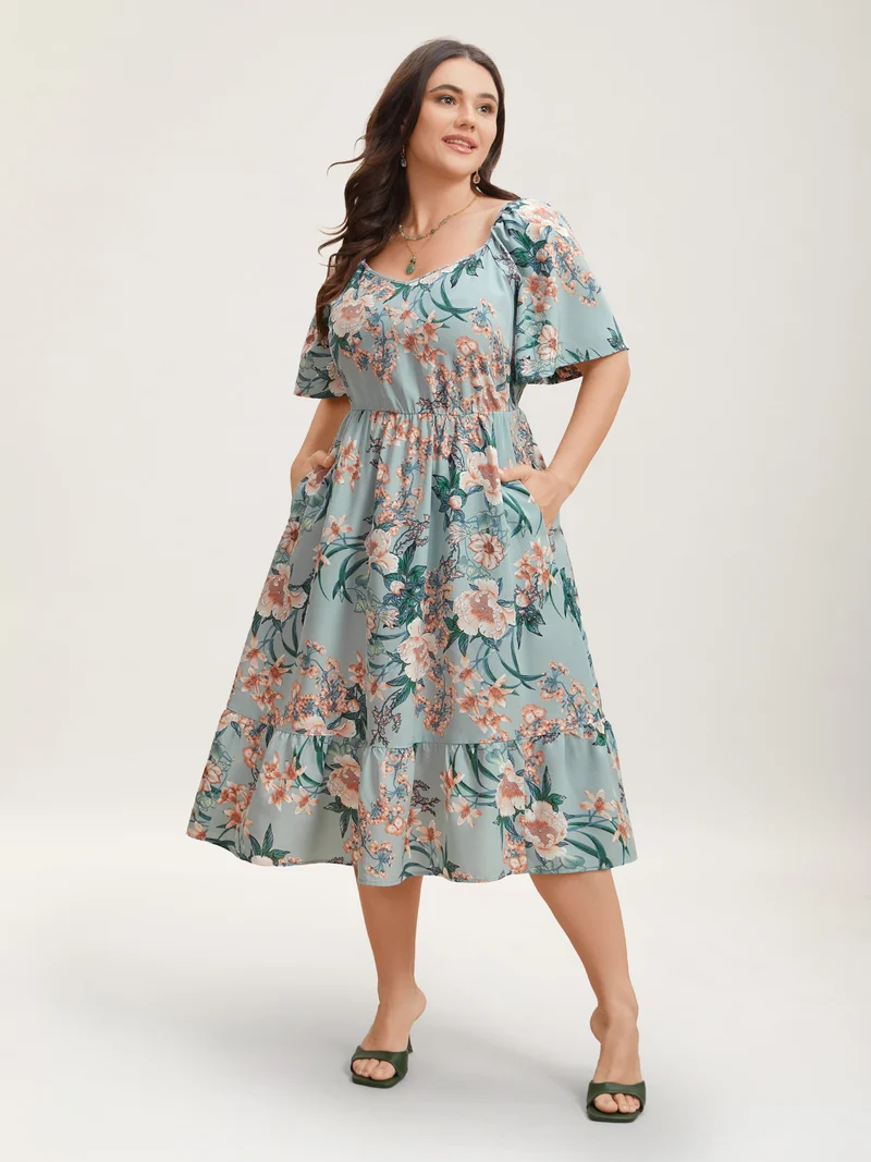 Floral Print Flared Sleeve Pockets Midi Dress