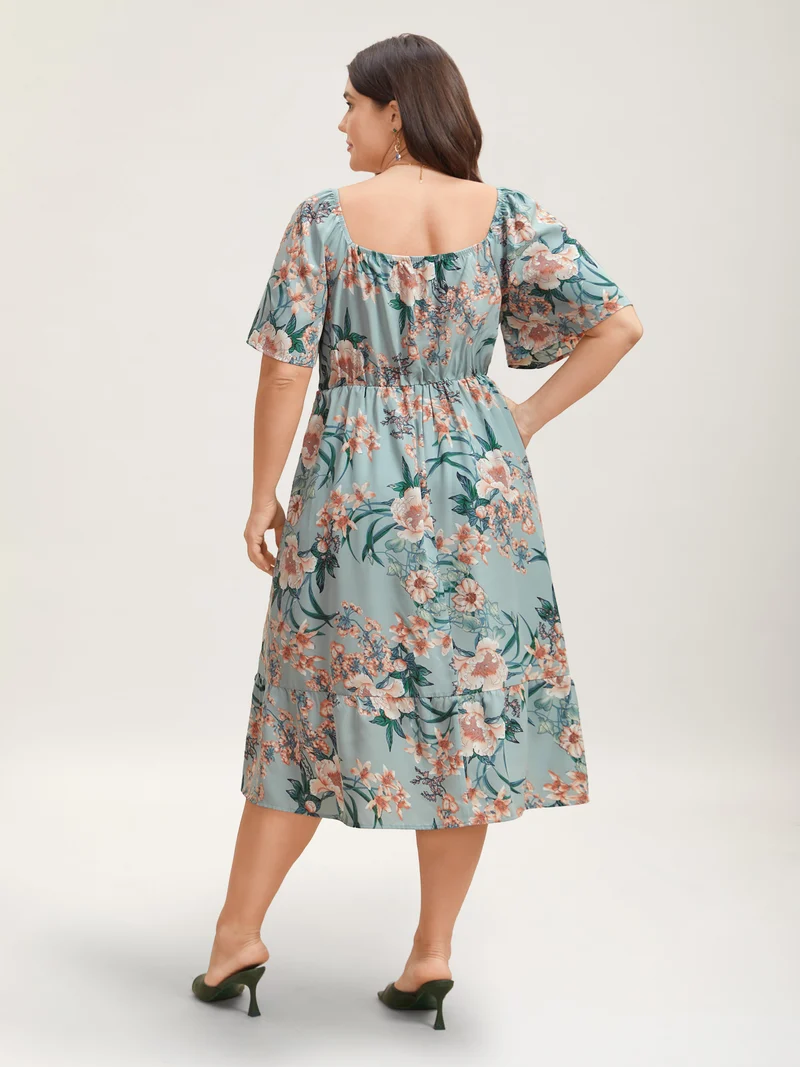 Floral Print Flared Sleeve Pockets Midi Dress