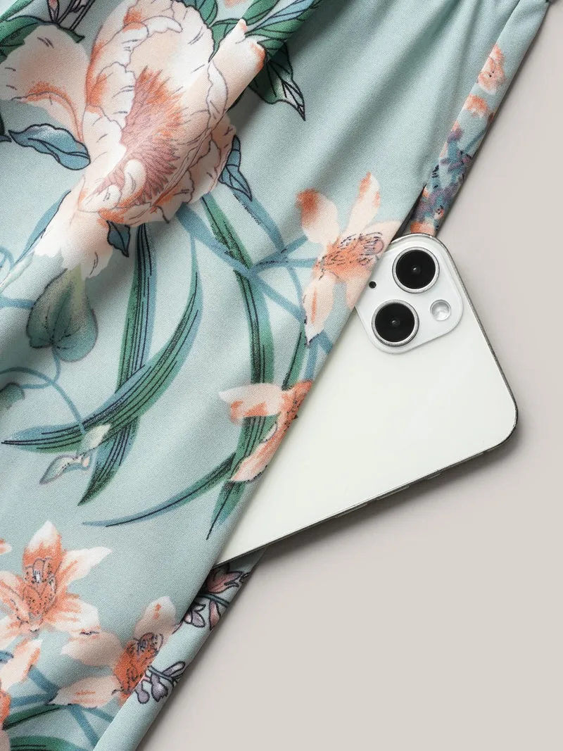 Floral Print Flared Sleeve Pockets Midi Dress