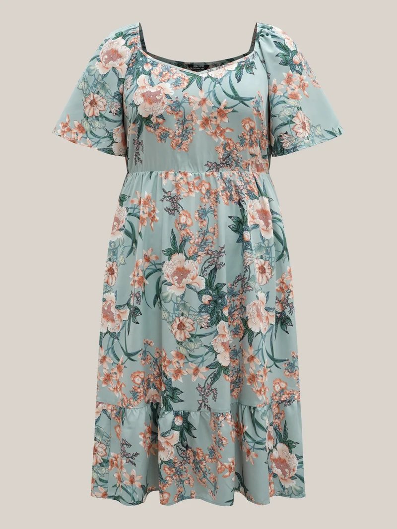 Floral Print Flared Sleeve Pockets Midi Dress