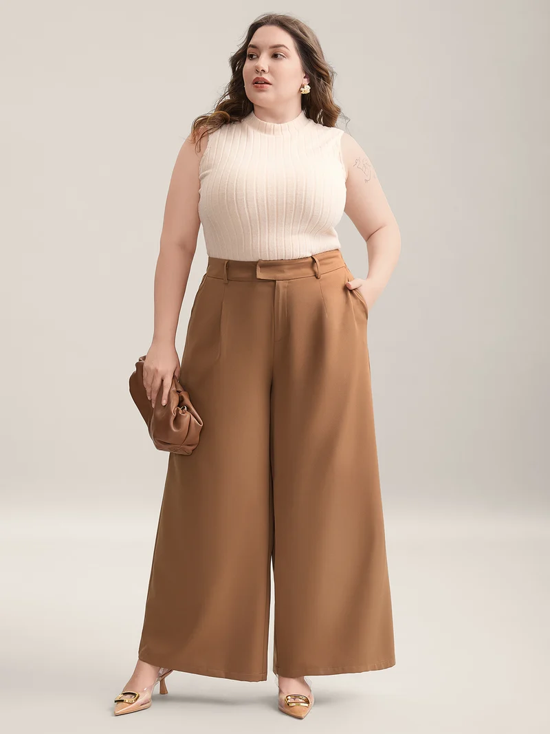 Stretchy Waist Pleated Wide-Leg Pants