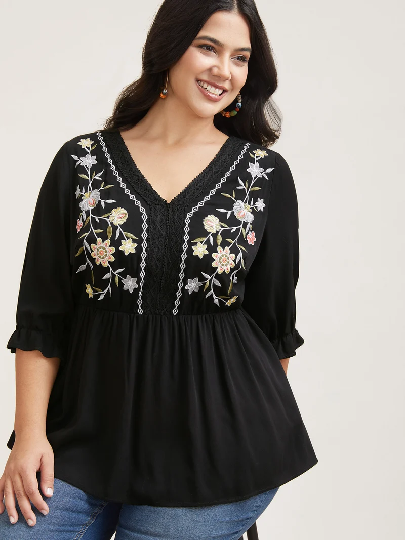 Embroidered Lace Spliced Peplum Shirt