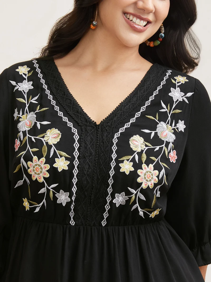 Embroidered Lace Spliced Peplum Shirt