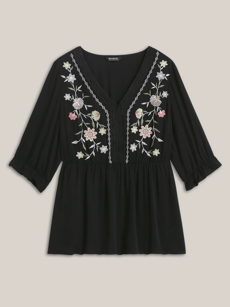 Embroidered Lace Spliced Peplum Shirt