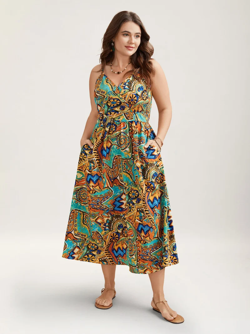 Boho Print Stretchy Waist Pockets Maxi Dress