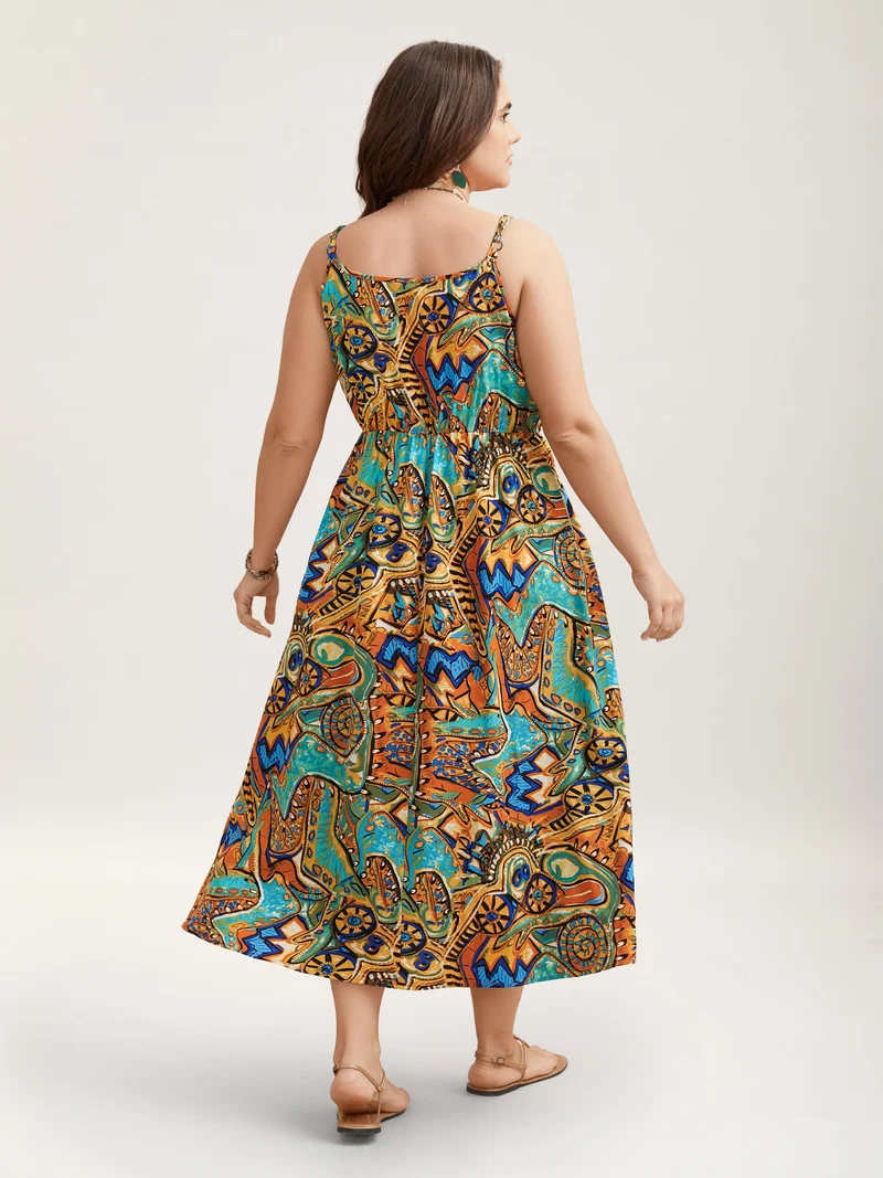 Boho Print Stretchy Waist Pockets Maxi Dress
