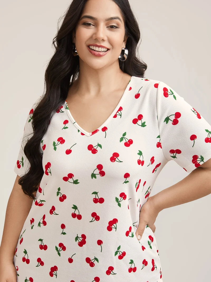 Cherry Print Stretchy V-Neck T-Shirt