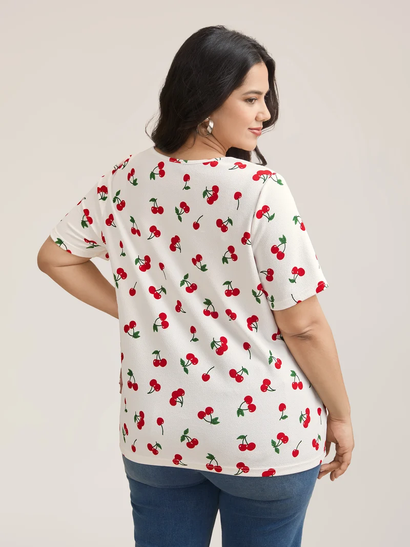 Cherry Print Stretchy V-Neck T-Shirt