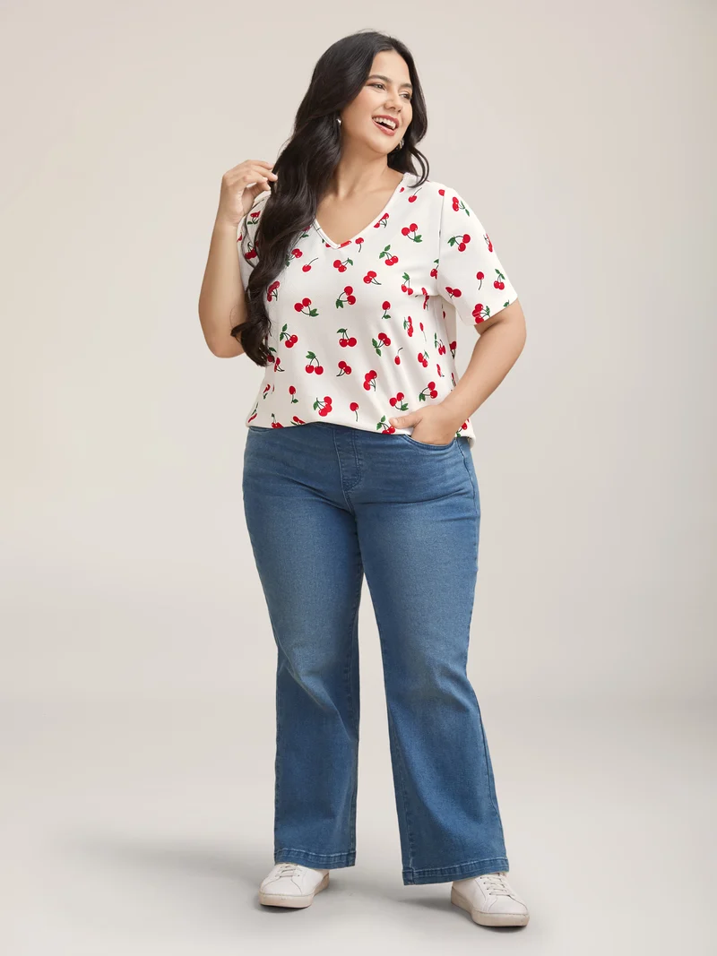 Cherry Print Stretchy V-Neck T-Shirt