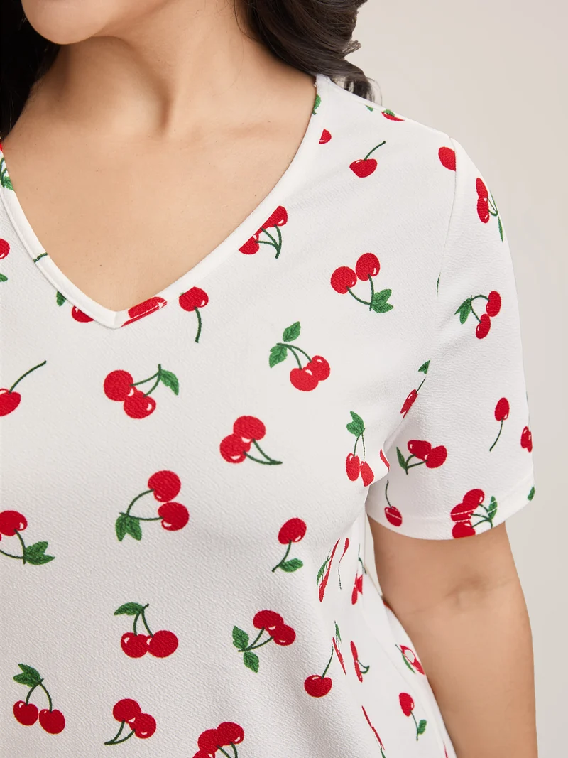 Cherry Print Stretchy V-Neck T-Shirt