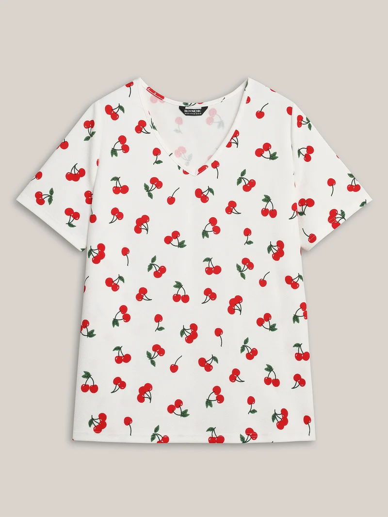 Cherry Print Stretchy V-Neck T-Shirt