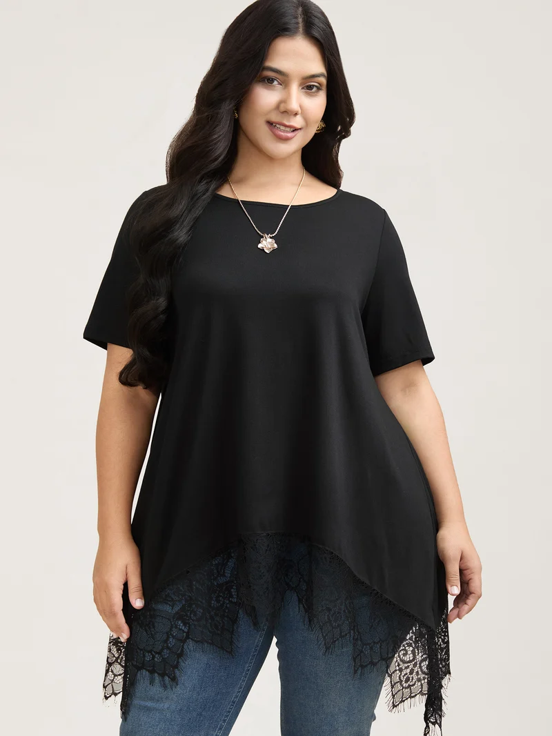 Lace Trim Round Neck Casual T-Shirt