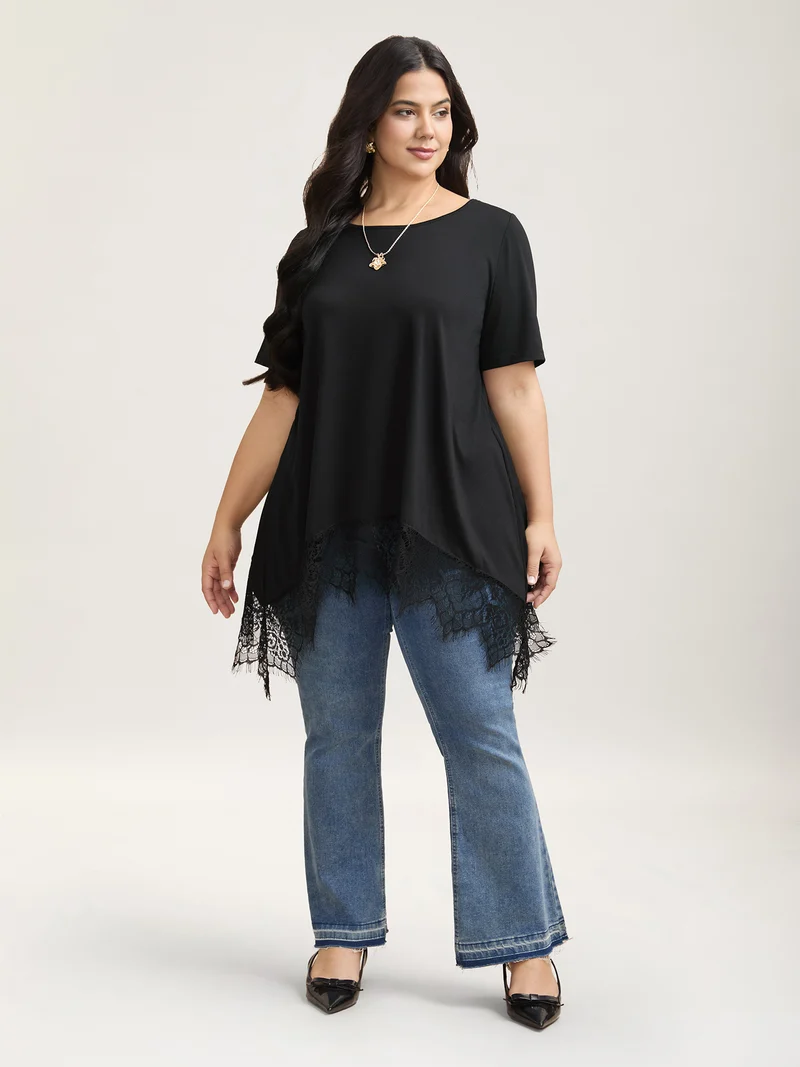 Lace Trim Round Neck Casual T-Shirt