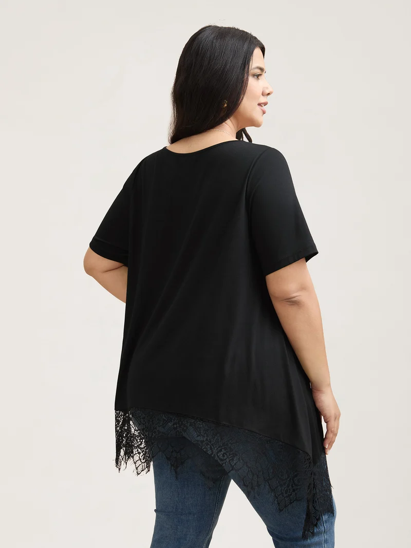 Lace Trim Round Neck Casual T-Shirt