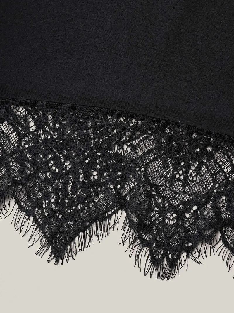 Lace Trim Round Neck Casual T-Shirt