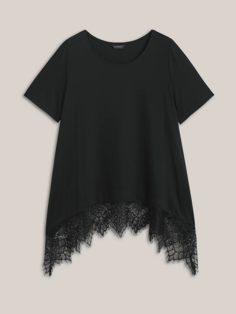 Lace Trim Round Neck Casual T-Shirt