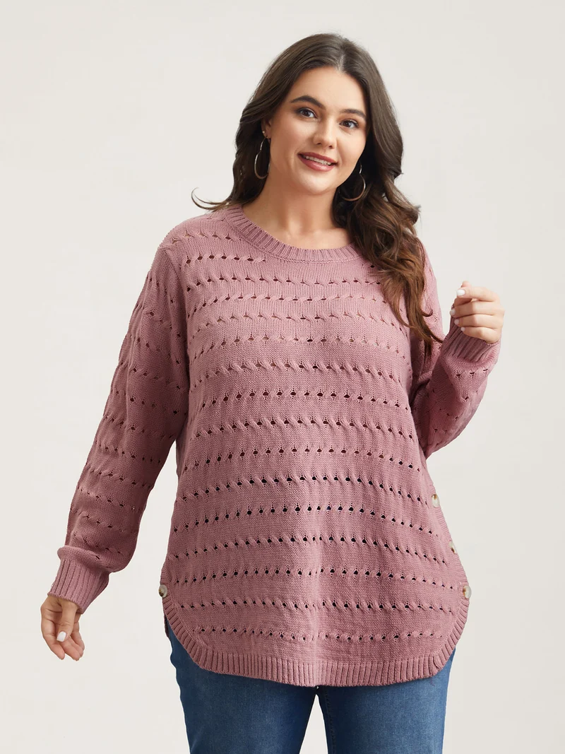 Cut-Out Buttons Round Neck Pullover