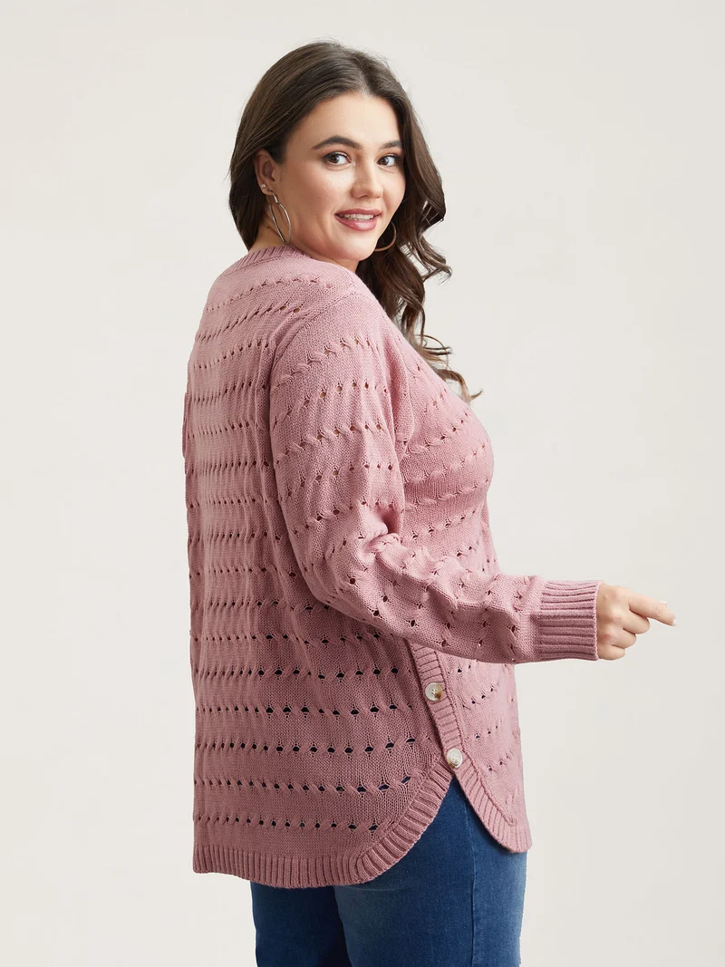 Cut-Out Buttons Round Neck Pullover
