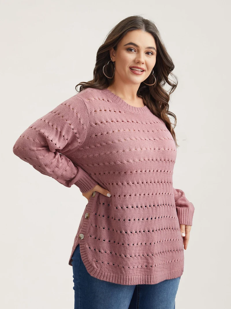 Cut-Out Buttons Round Neck Pullover
