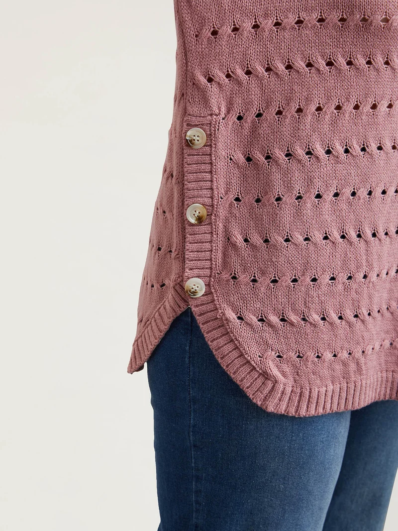 Cut-Out Buttons Round Neck Pullover