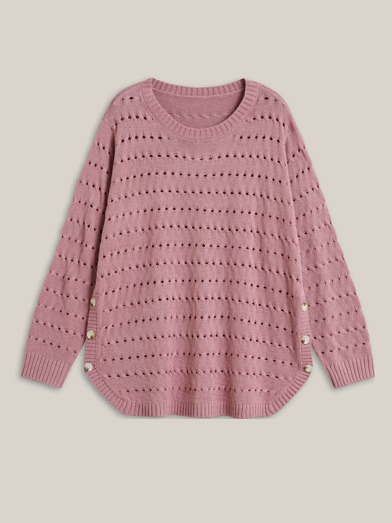 Cut-Out Buttons Round Neck Pullover