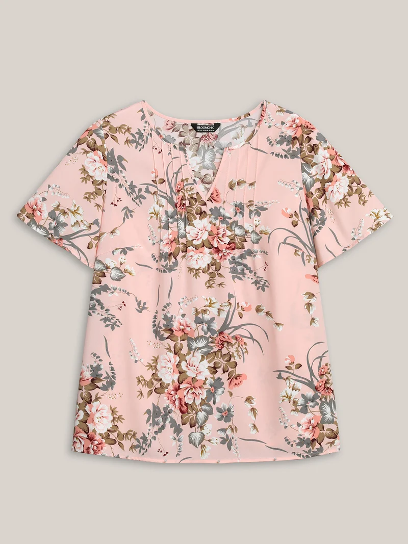 Spring Pattern Neck Cut-Out Pleated Shirt