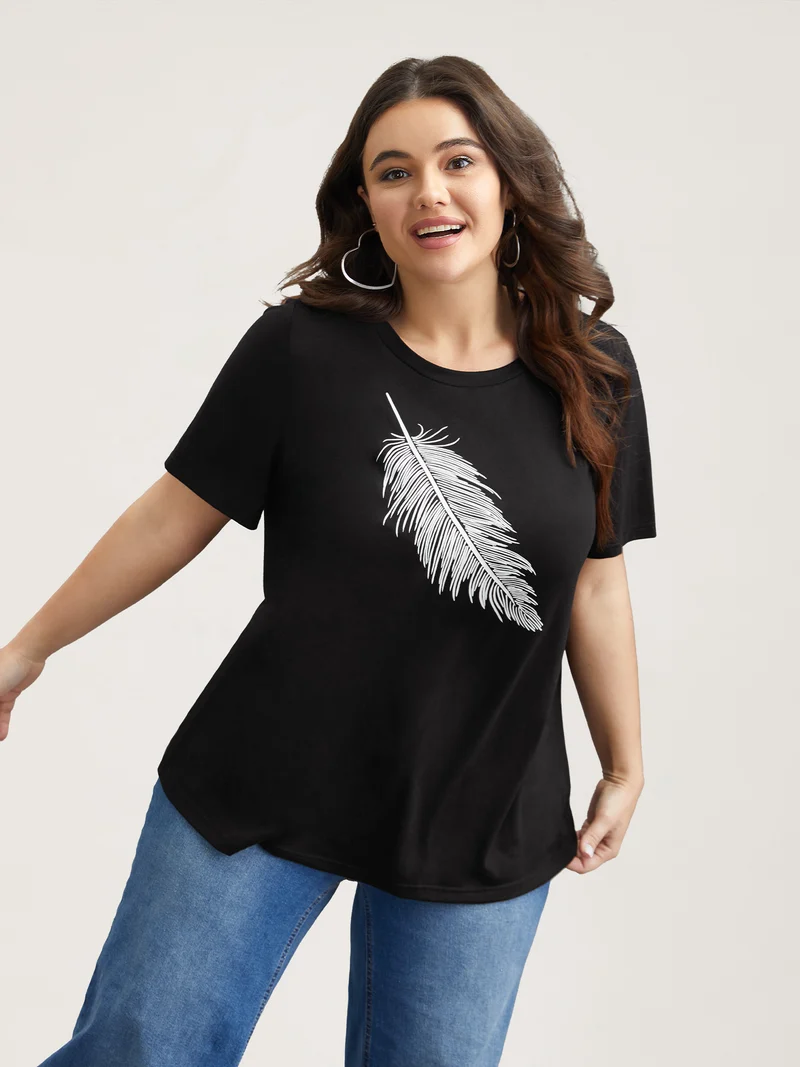 Stretchy Feather Print Round Neck T-Shirt