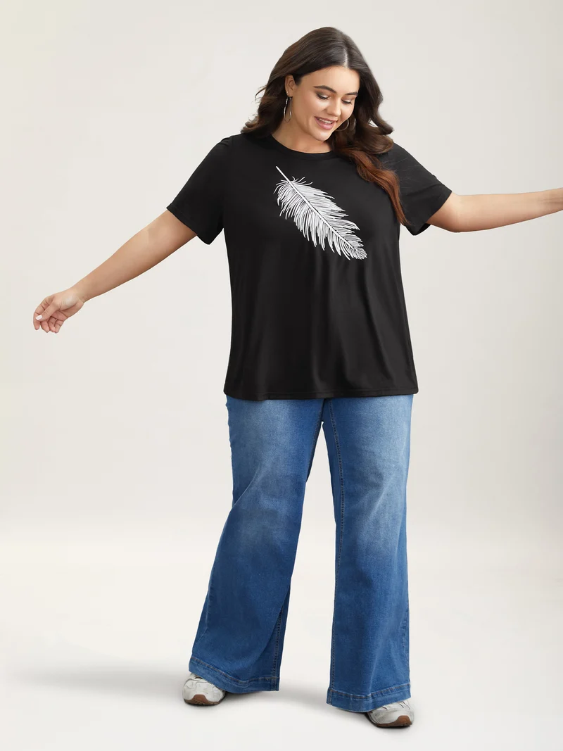 Stretchy Feather Print Round Neck T-Shirt