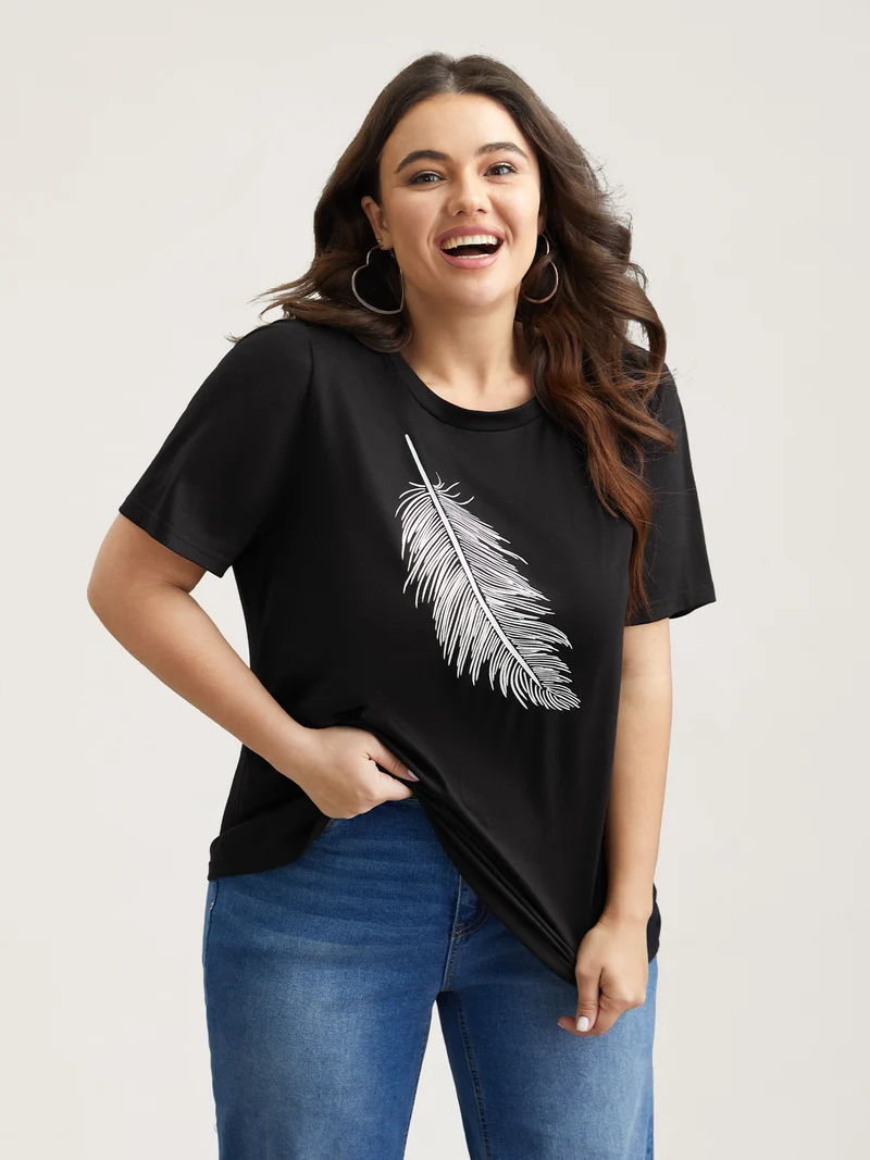Stretchy Feather Print Round Neck T-Shirt