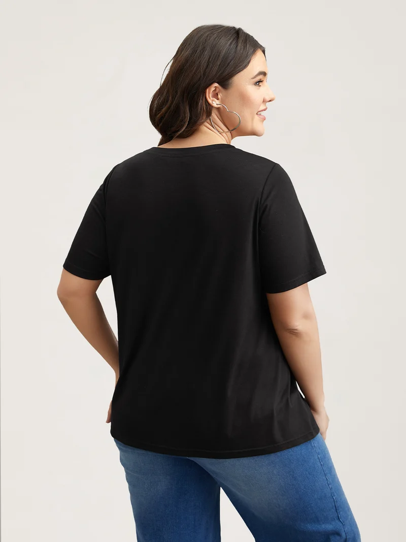 Stretchy Feather Print Round Neck T-Shirt