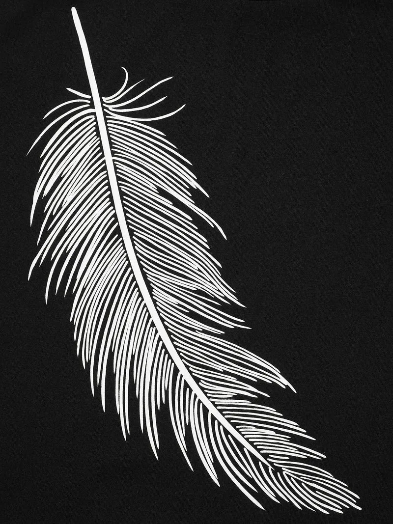Stretchy Feather Print Round Neck T-Shirt