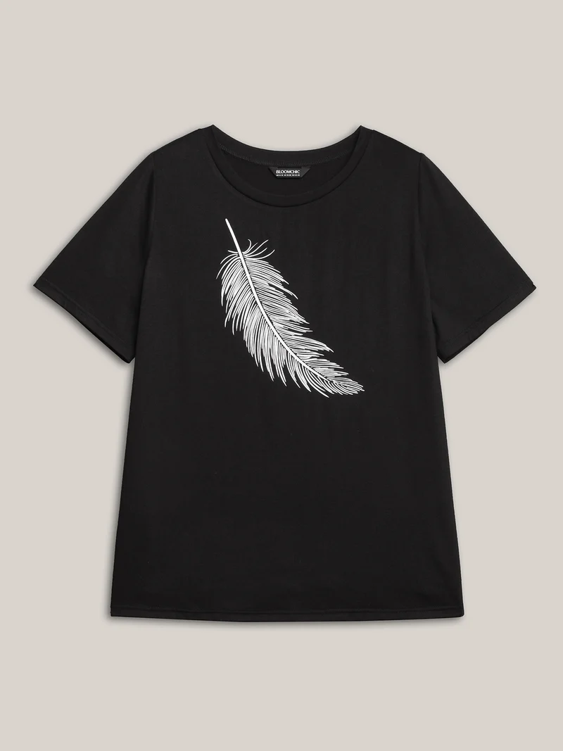 Stretchy Feather Print Round Neck T-Shirt