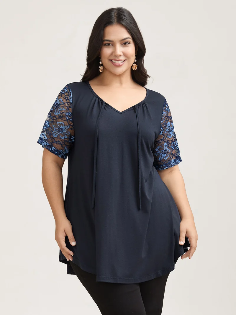 Dual-Tone Lace Neck Tie Relaxed T-Shirt