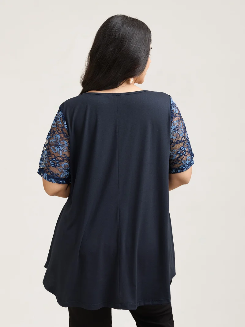 Dual-Tone Lace Neck Tie Relaxed T-Shirt