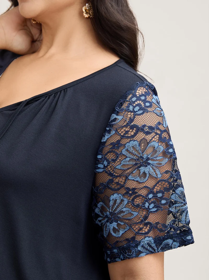 Dual-Tone Lace Neck Tie Relaxed T-Shirt