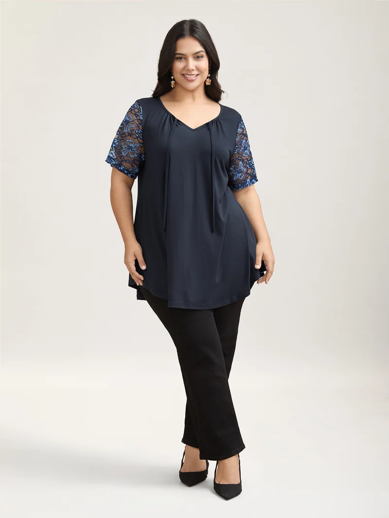 Dual-Tone Lace Neck Tie Relaxed T-Shirt