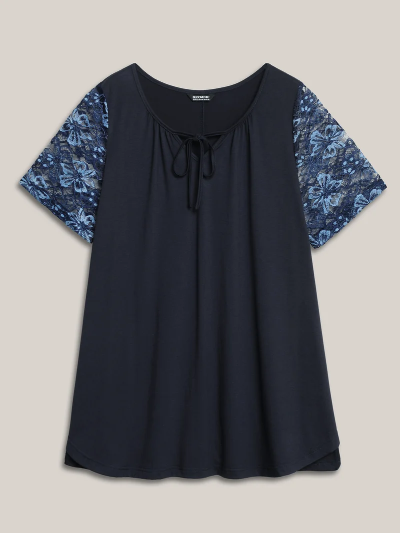 Dual-Tone Lace Neck Tie Relaxed T-Shirt