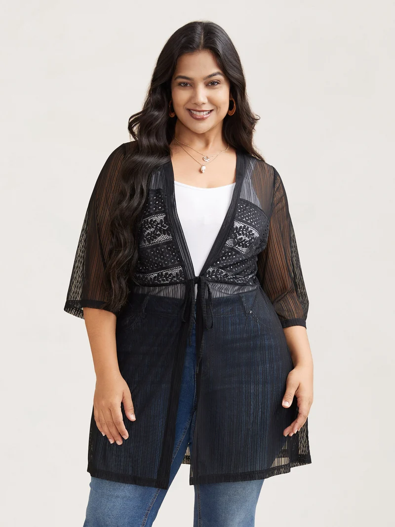 Sheer Lace Detail Tied Kimono Cardigan