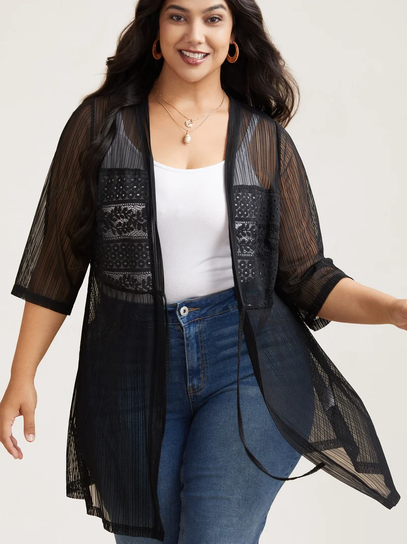 Sheer Lace Detail Tied Kimono Cardigan